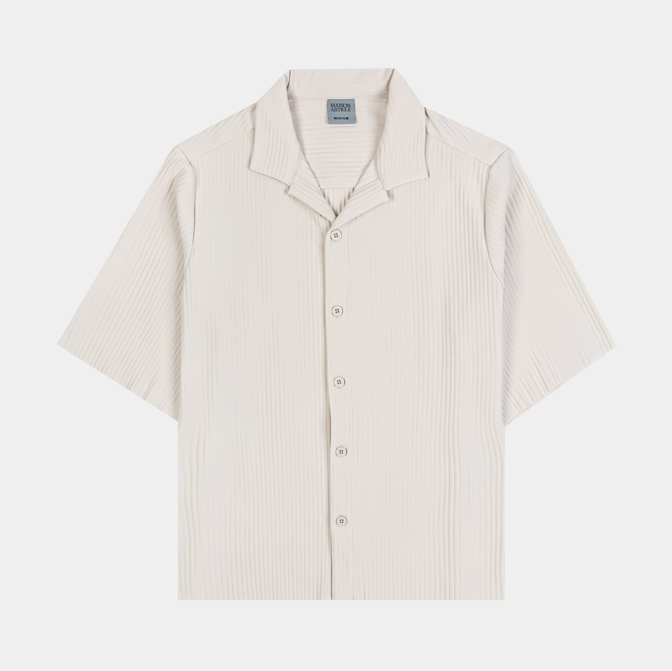 Pleated Button Up Mens Short Sleeve Shirt (Cream)