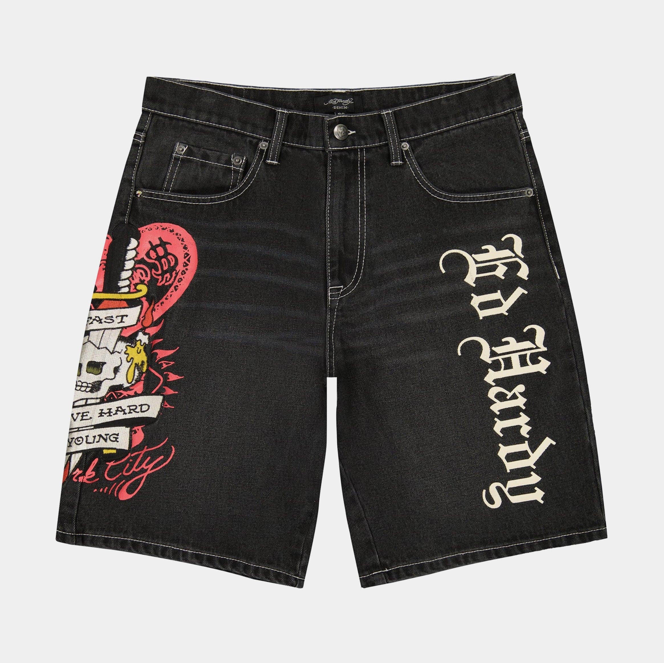 Live Fast Denim Mens Shorts (Black/Red)