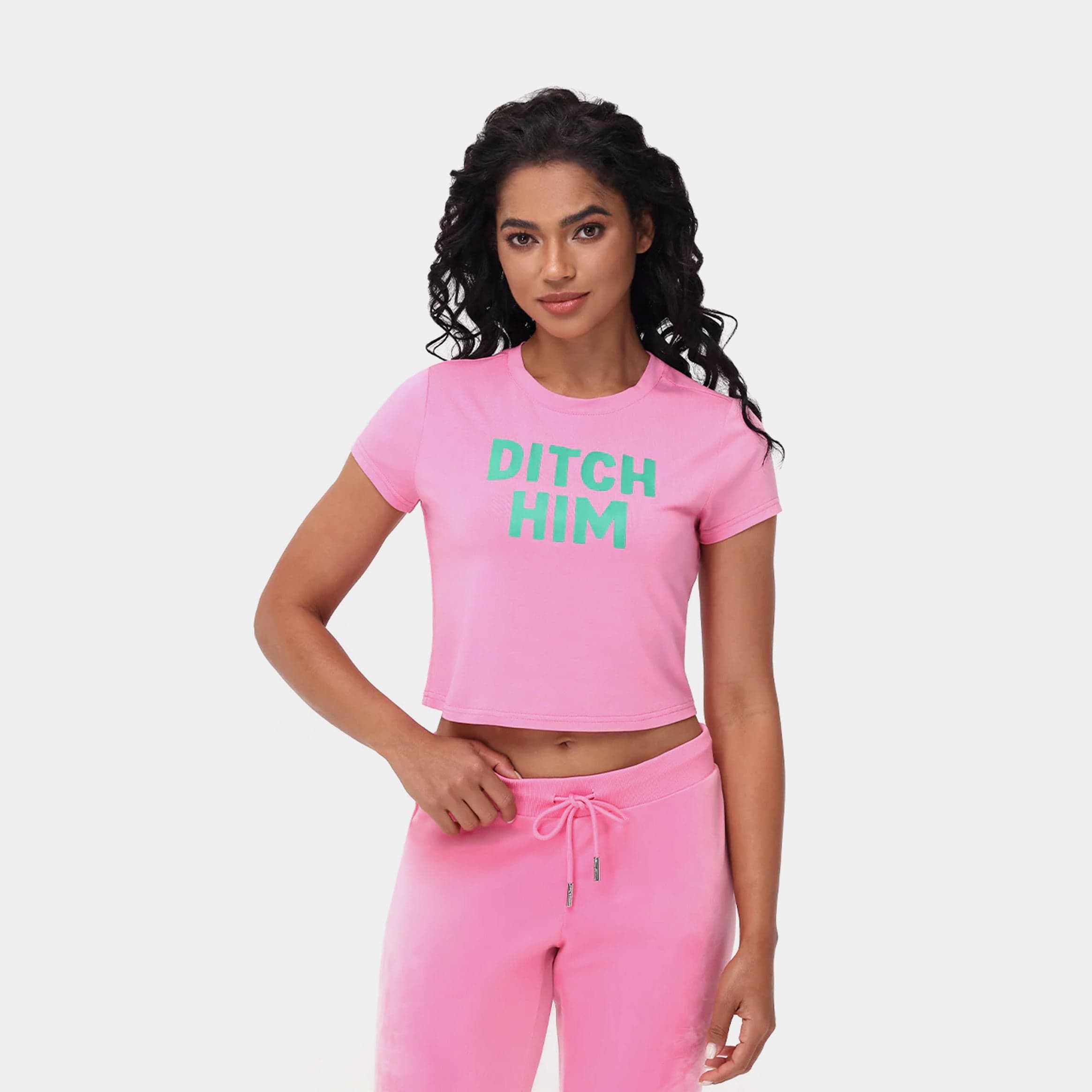 Ditch Him Baby Tee Womens Short Sleeve Shirt (Pink/Green)
