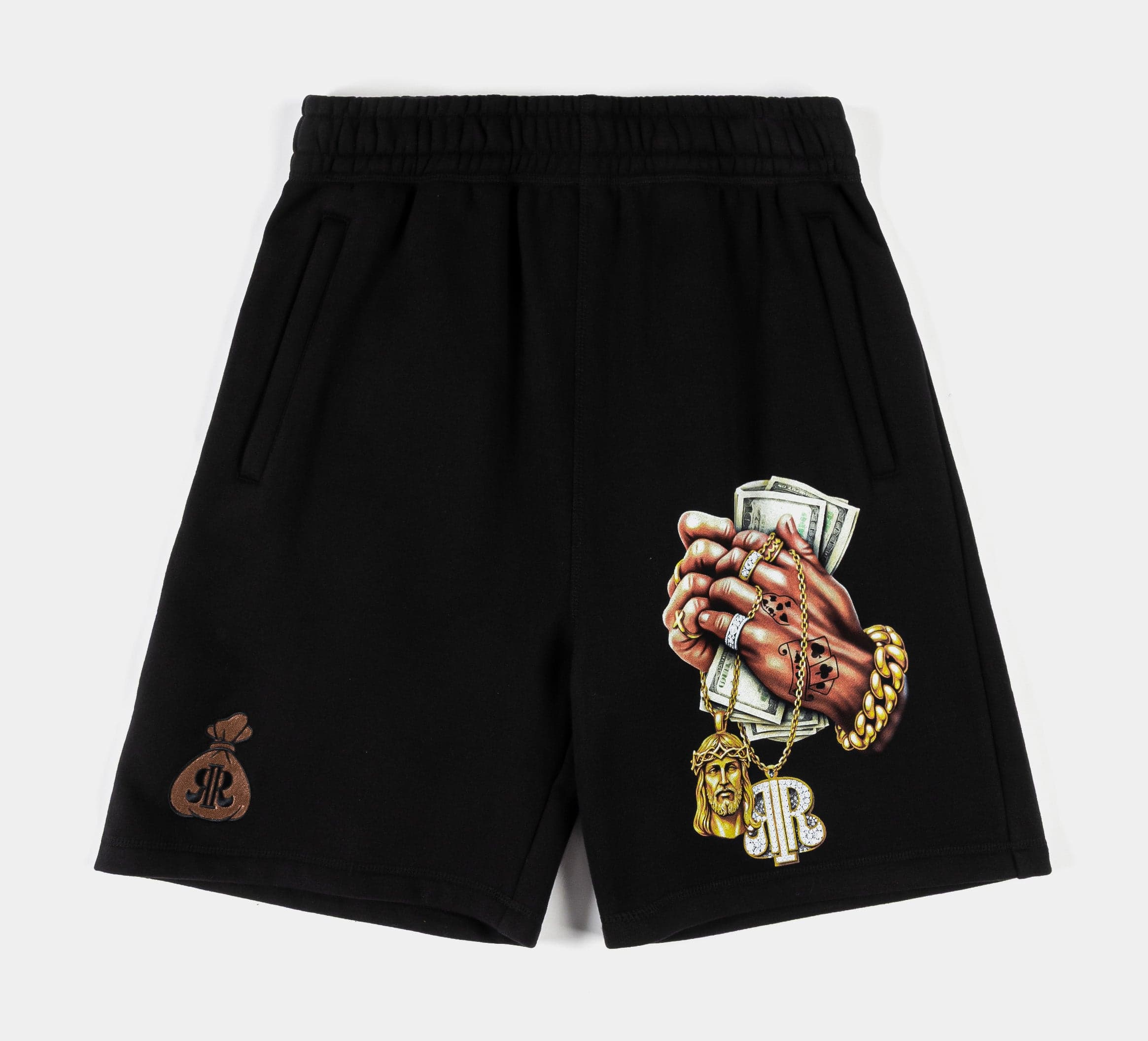 Money Talks Long Fleece Mens Shorts (Black/White)
