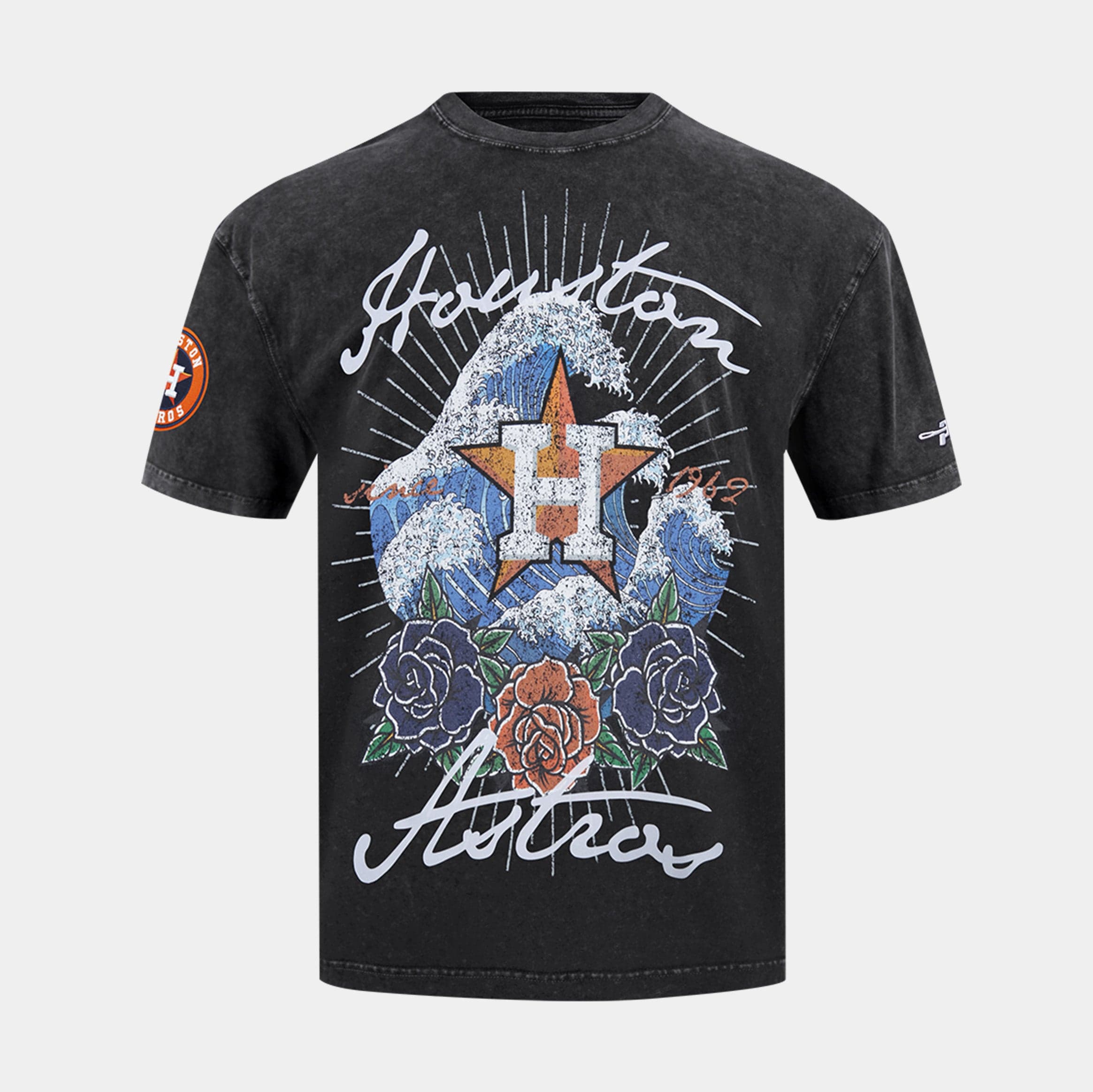 Houston Astros Waves And Roses Drop Shoulder Mens Short Sleeve Shirt (Grey/White)