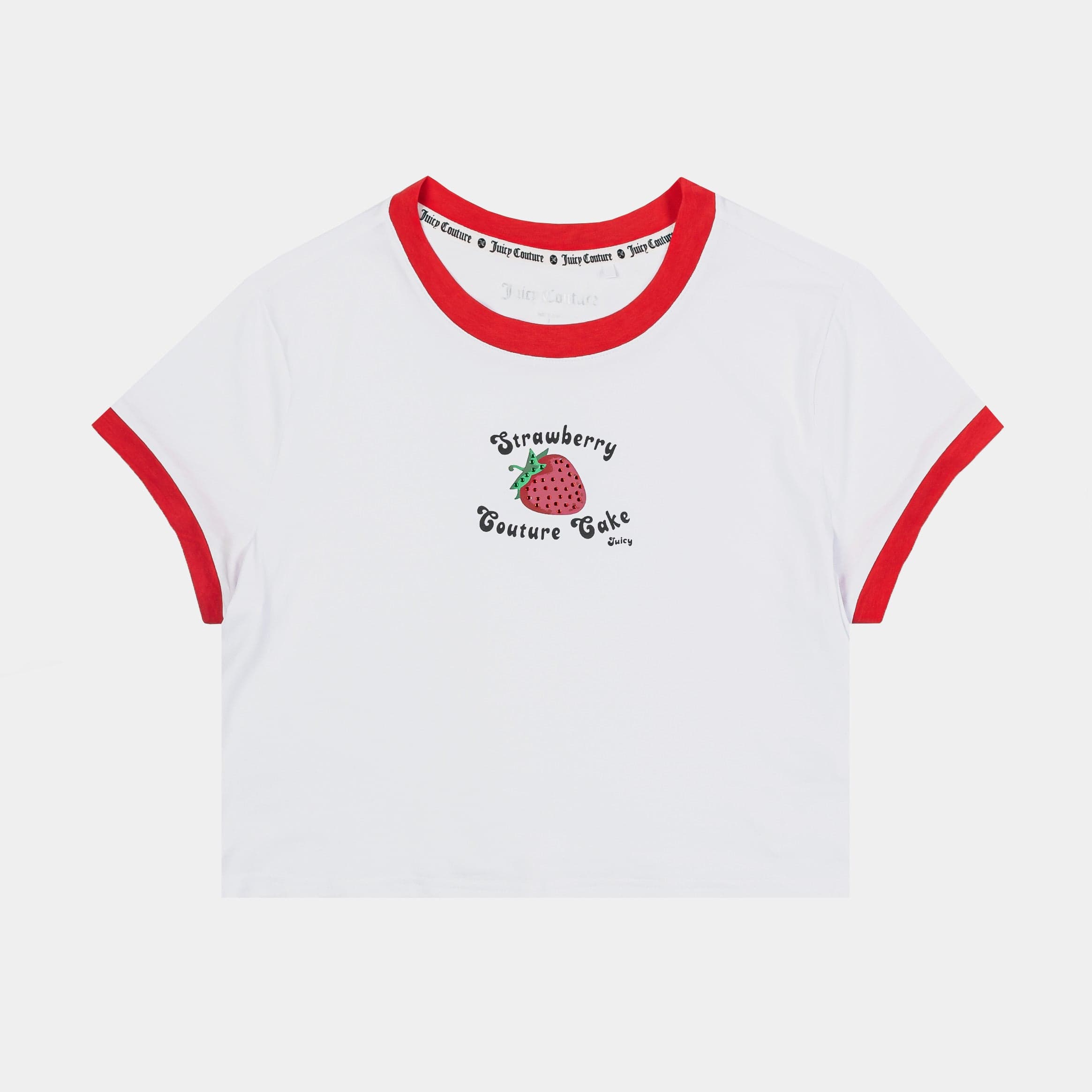 Strawberry Ringer Baby Tee Womens Short Sleeve Shirt (White/Red)
