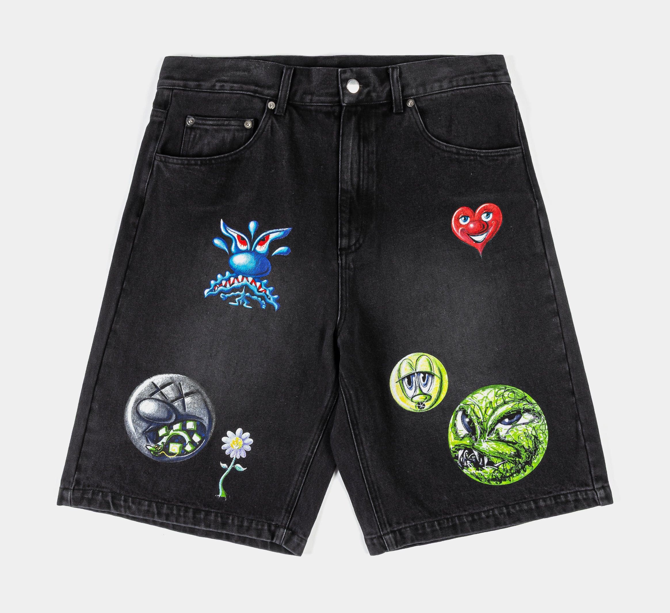 SP x Kenny Scharf All Over Print Washed Denim Mens Shorts (Black/Multicolor)