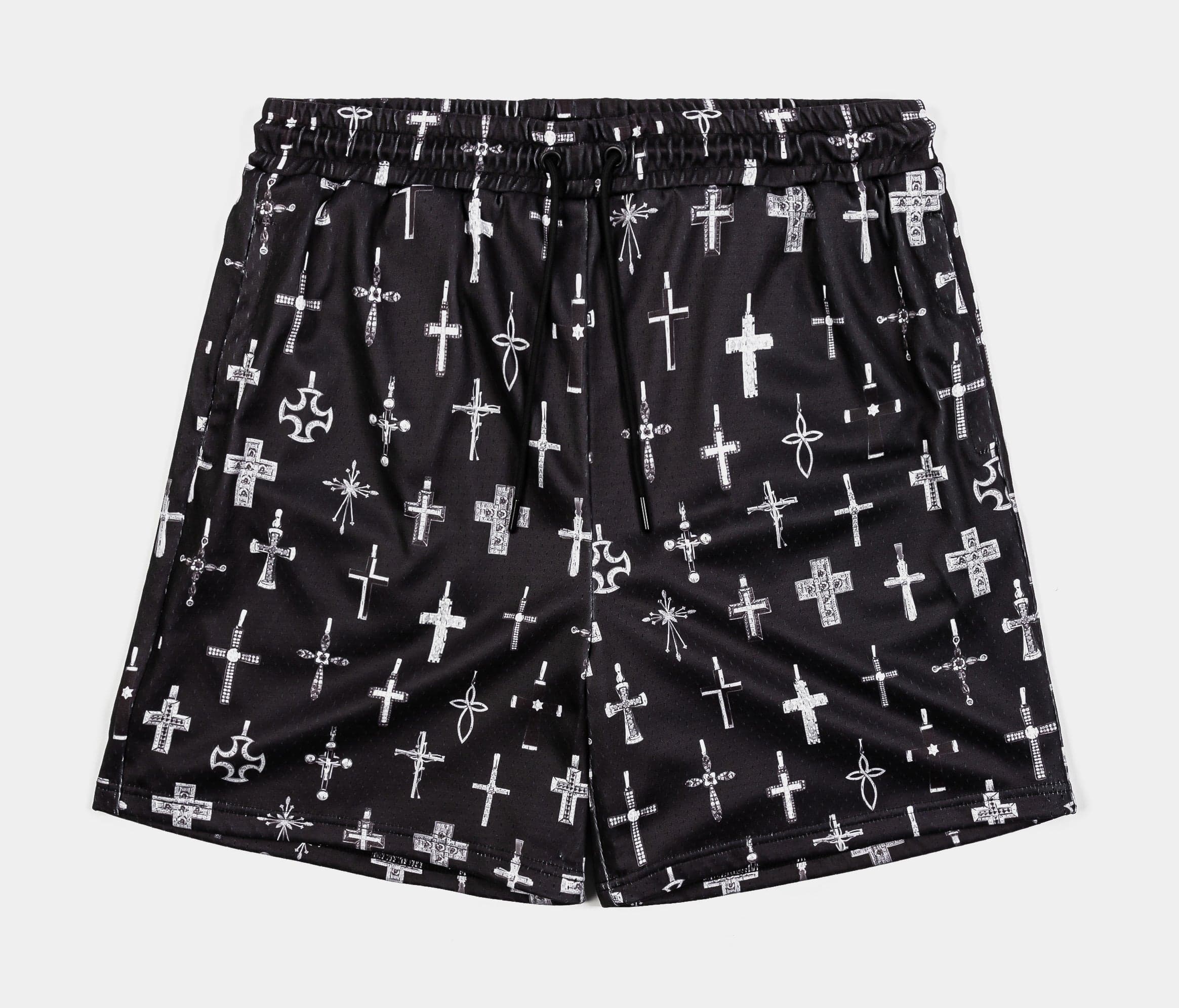 All Over Print Crosses Mesh Mens Shorts (Black/Grey)