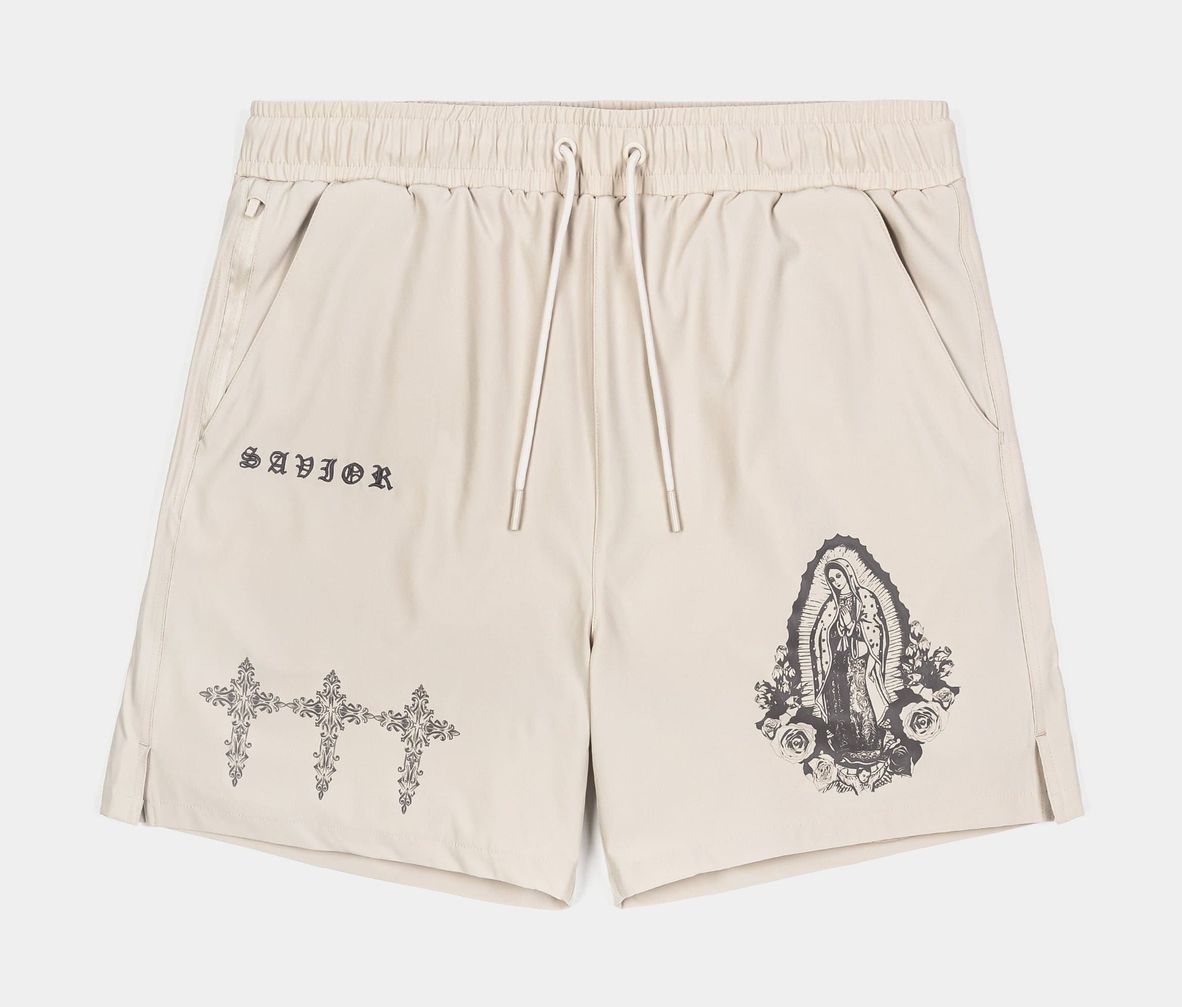 Lady Of Guadalupe Cross Hybrid Mens Shorts (Beige/Grey)