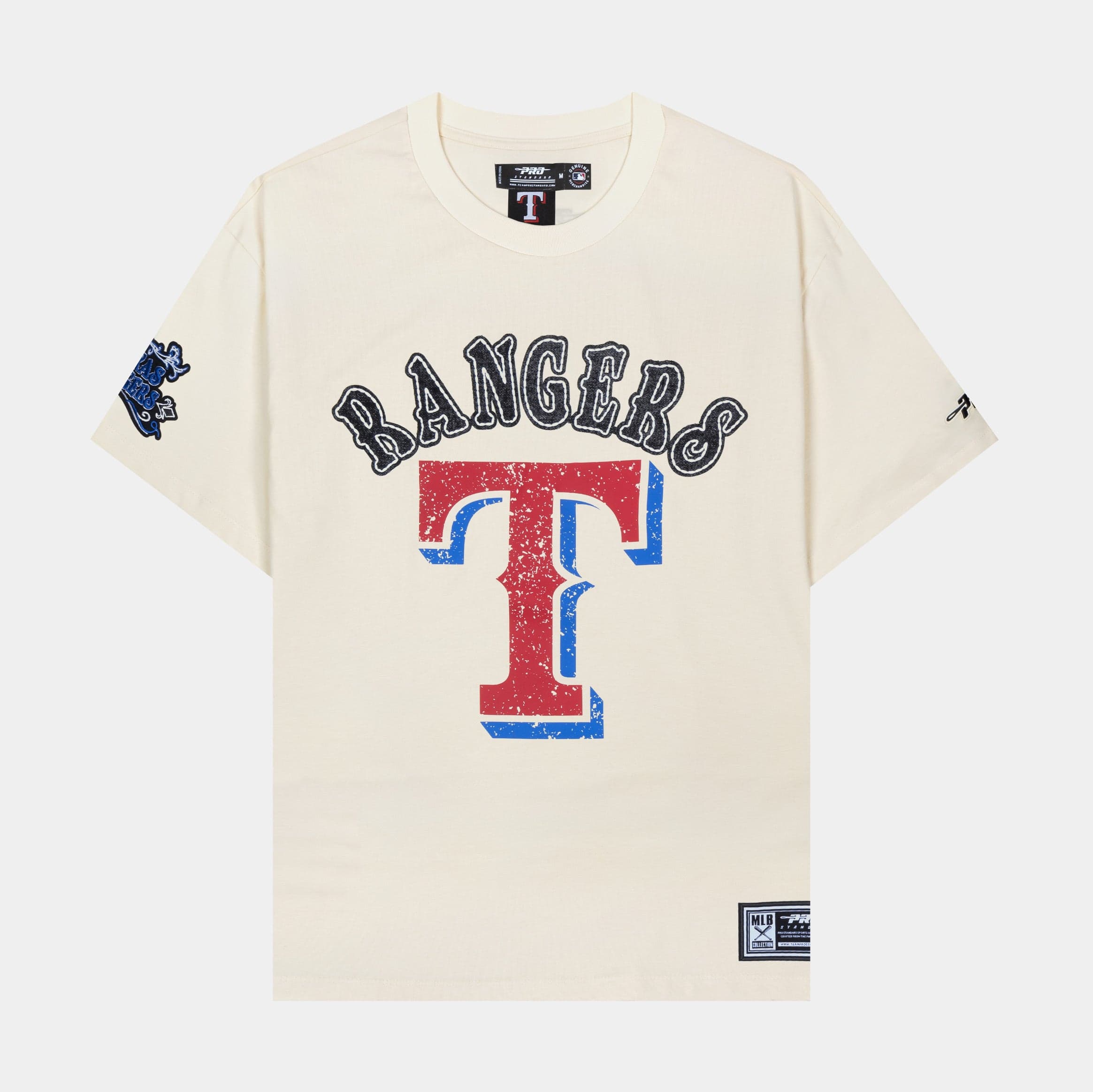 Texas Rangers Rebel Athletics Stacked Logo Mens Short Sleeve Shirt (Red/Beige)