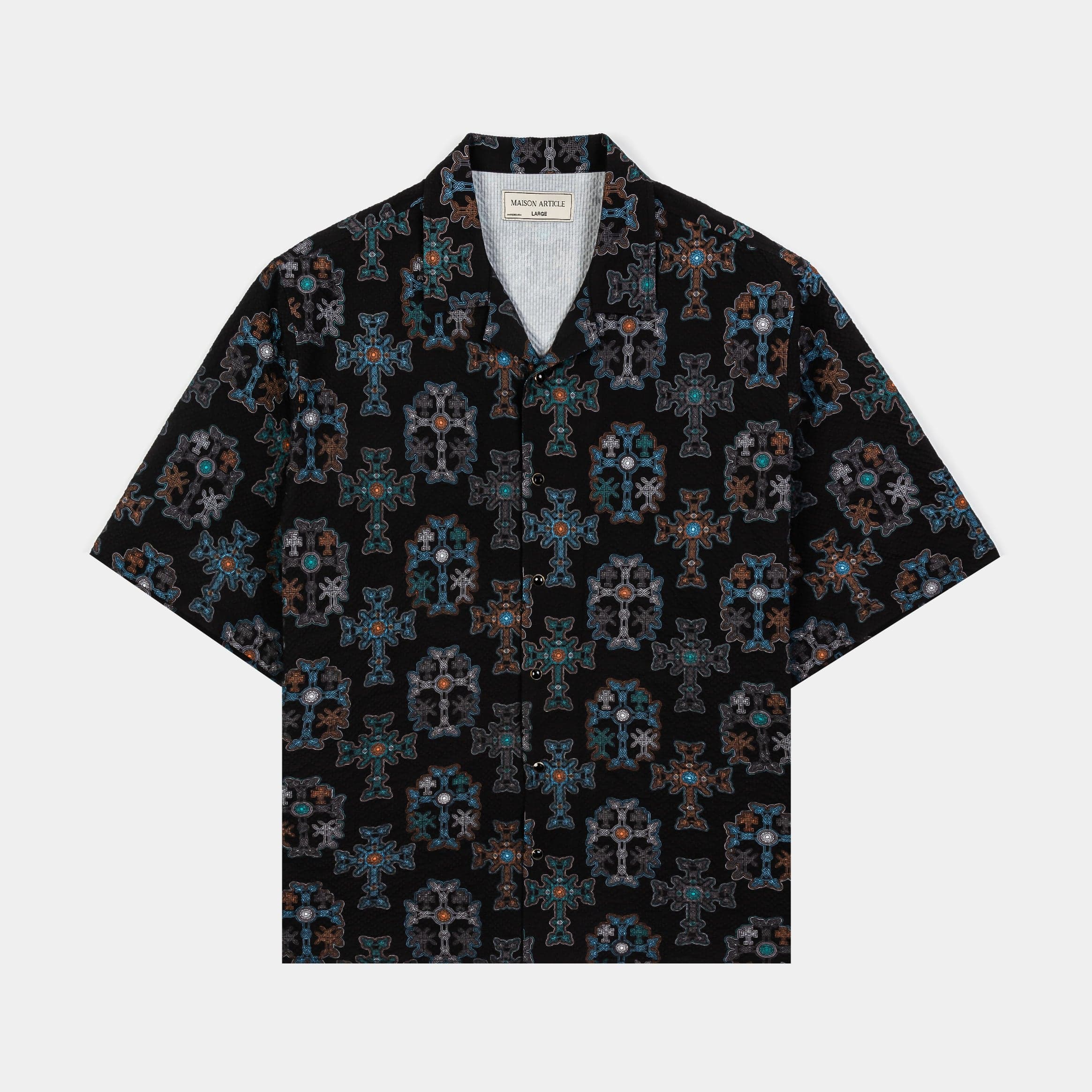 The Cross Seersucker Button Up Mens Short Sleeve Shirt (Black/Blue)