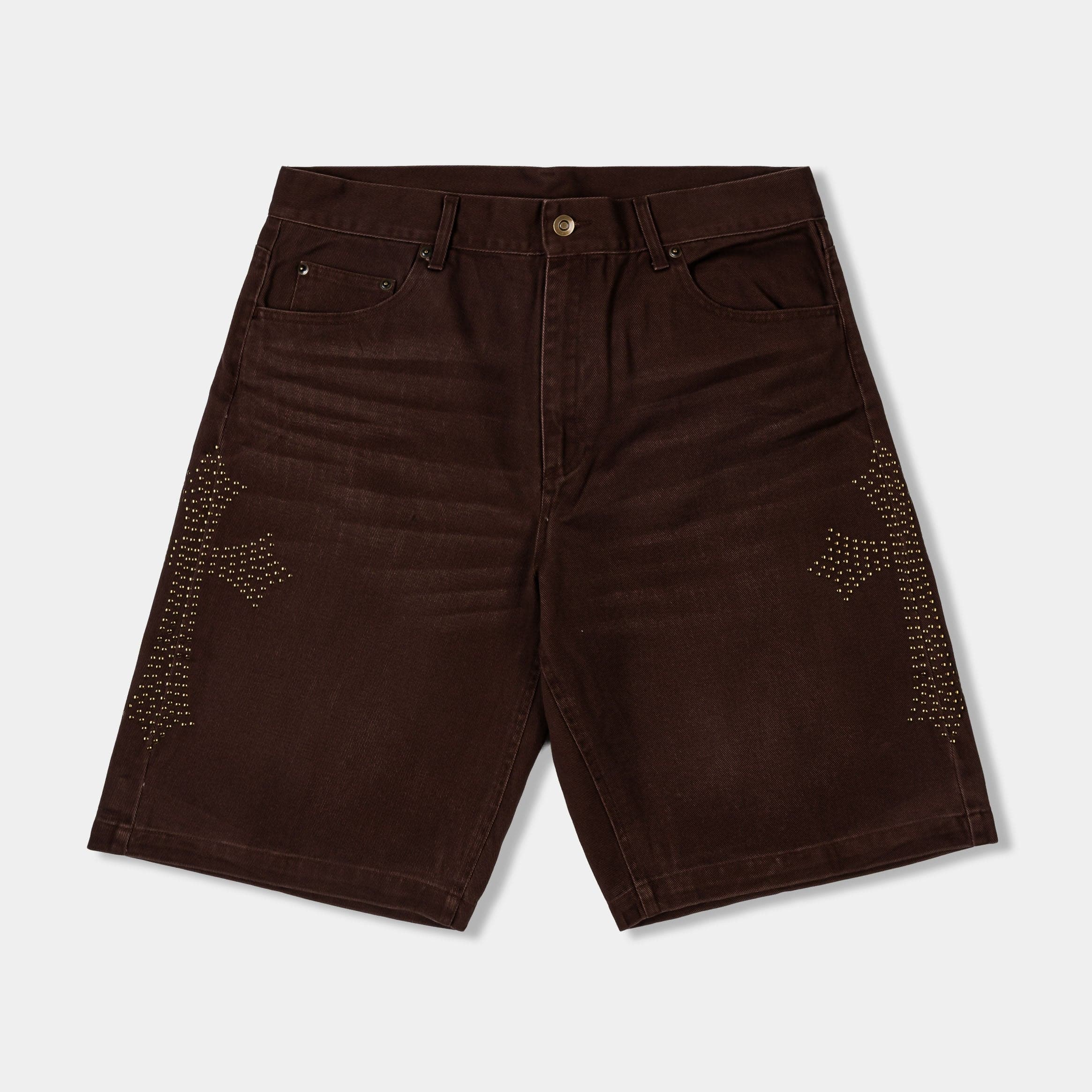 Cross Stud Denim Mens Shorts (Brown/Brown)