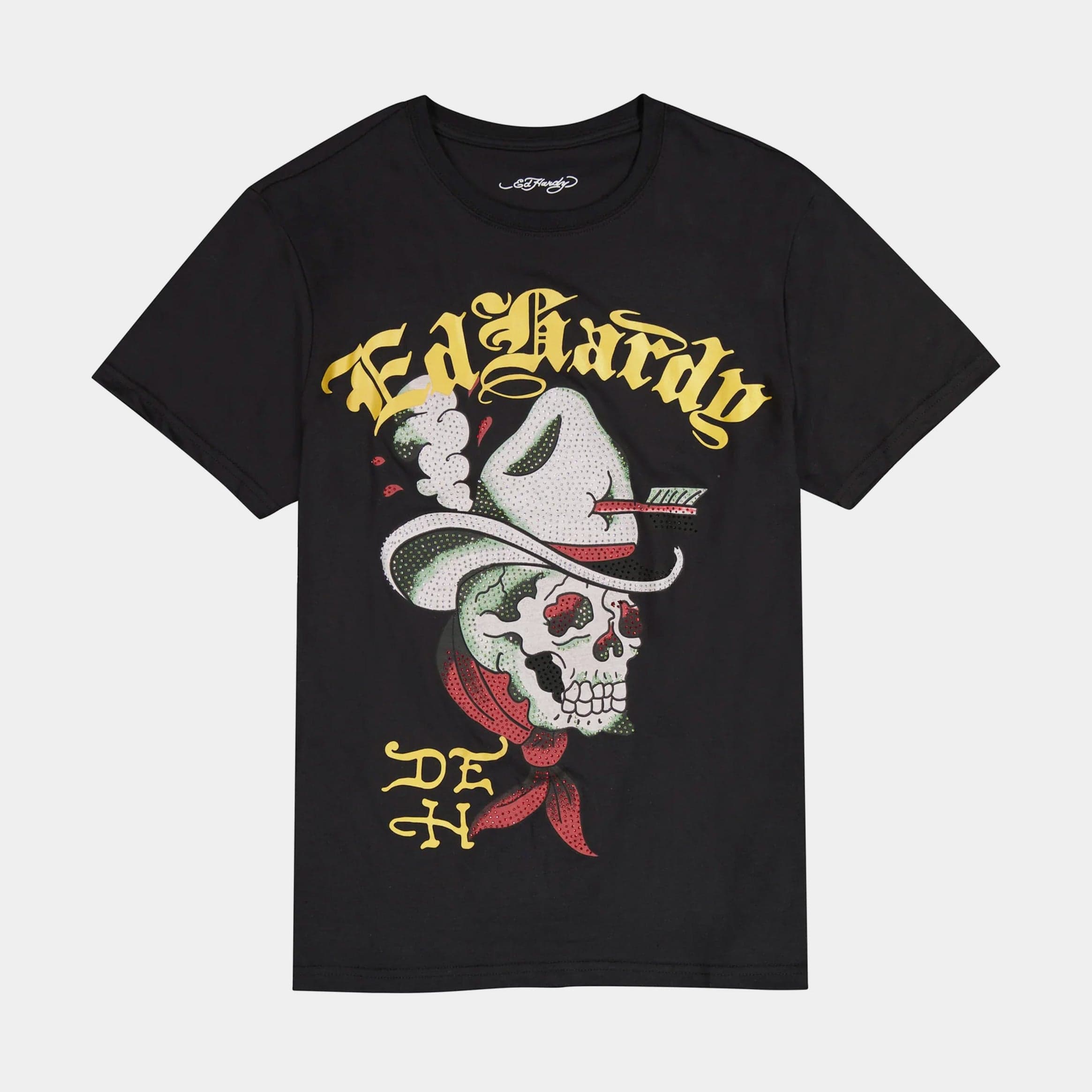 Cowboy Skull Rhinestone Mens Short Sleeve Shirt (Black)